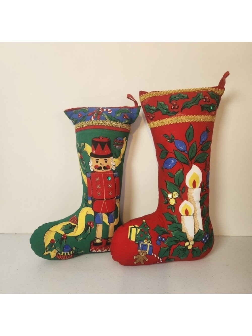 Vintage Stuffed Stocking Pillow Lot of 2 Candle Nutcracker 80s Kitsch Christmas
